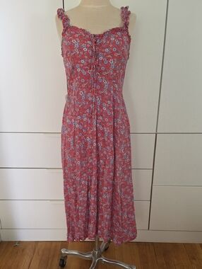Japna Red Floral Smocked Midi Dress